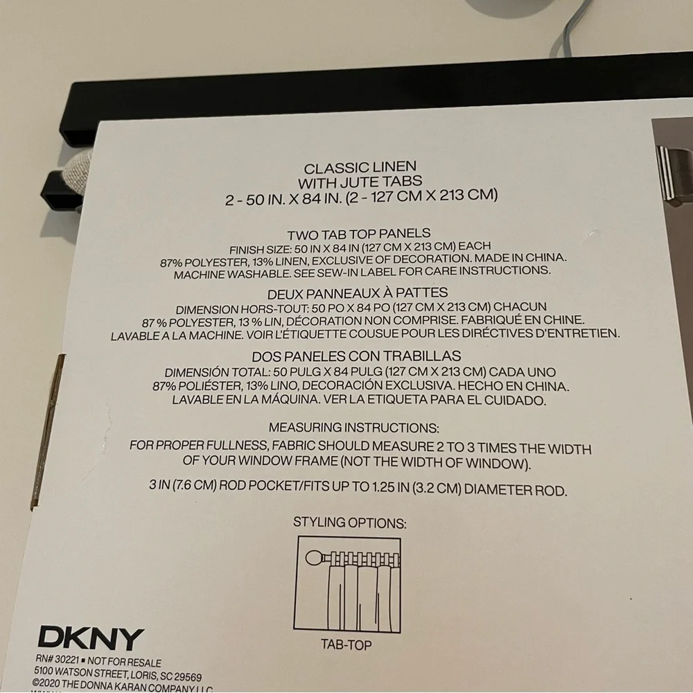 NWT DKNY Classic Linen with Jute Tab Curtains 84 inch length 50 inch width